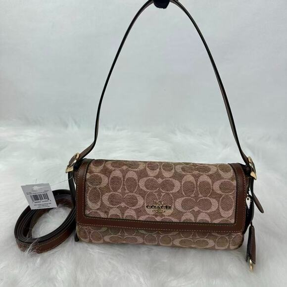 Coach Etta Small Flap Shoulder Bag Signature Chenille CCV65 Khaki/Vintage Brown